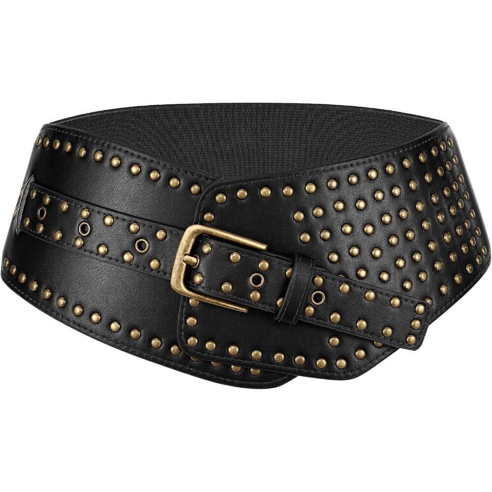 Women's Elastic Wide Belt Vintage Studded Stretchy Waist Belts Dress Pants Black
